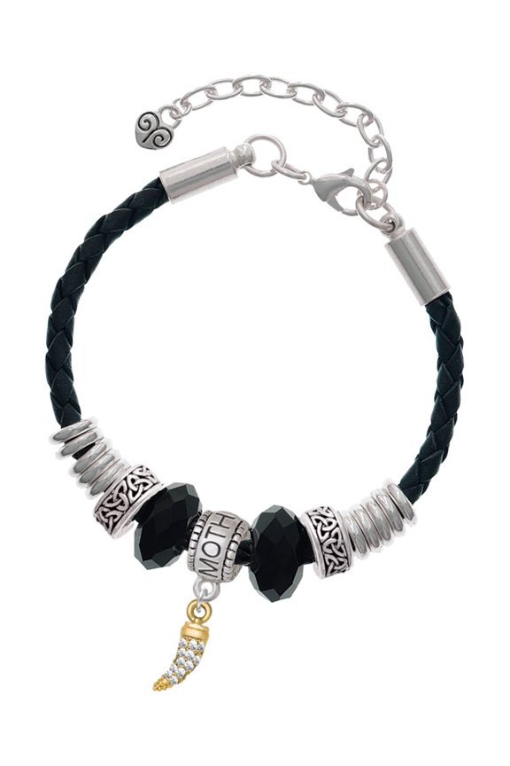 Goldtone Small Crystal Sabre Tooth Mother Celtic Knot Leather Bead Bracelet, 7"+2" Extender