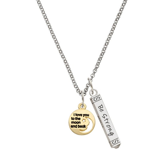 Delight Jewelry Goldtone Small I Love You to the Moon Silvertone Be Strong and Courageous Bar Charm Necklace, 23"