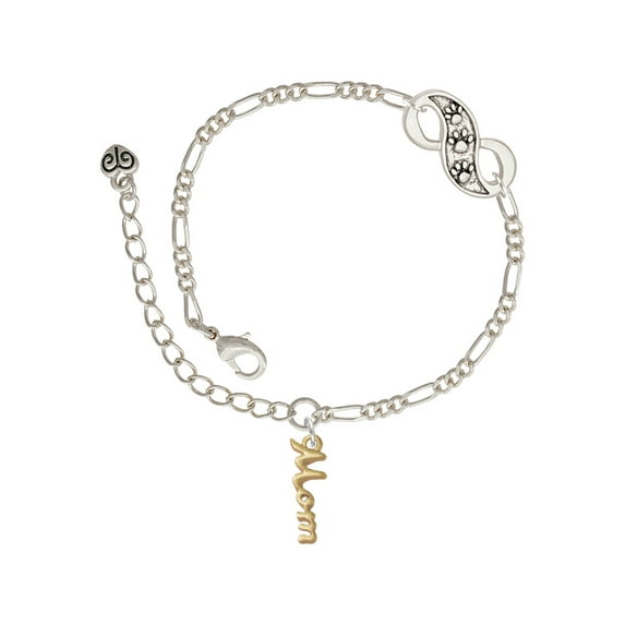Delight Jewelry Goldtone Small Mom Script Silver-tone Paw Infinity Link Chain Bracelet, 6"+2" Extender