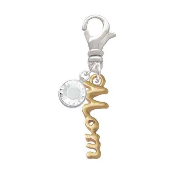 Delight Jewelry Goldtone Small Mom Script - Silvertone Clip on Charm with Clear Crystal Drop