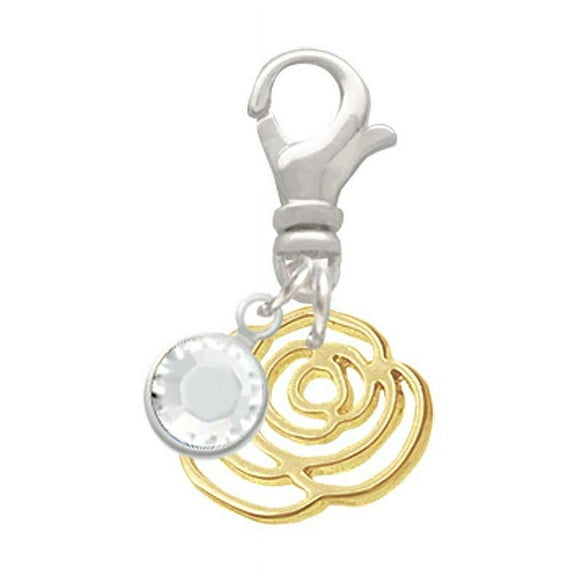 Delight Jewelry Goldtone Small Rose Outline - Silvertone Clip on Charm with Clear Crystal Drop