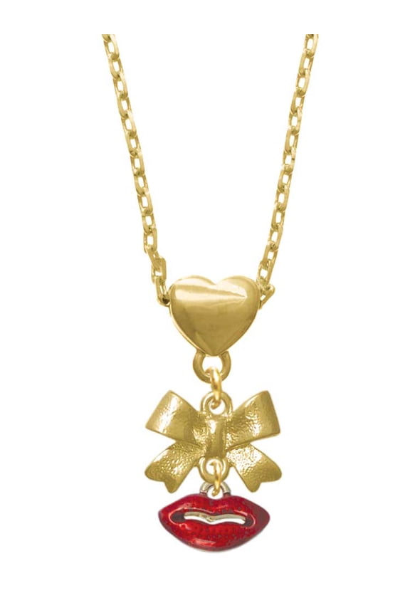 Goldtone Small Translucent Red Lips Gold tone Heart Necklace