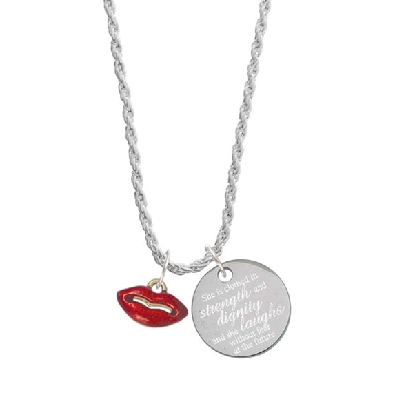 Delight Jewelry Goldtone Small Translucent Red Lips She is Clothed in Stength and Dignity Charm Necklace, 20"+3"