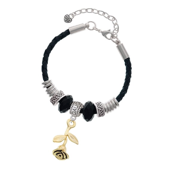 Delight Jewelry Goldtone Stemmed Rose Daughter Celtic Knot Leather Bead Bracelet, 7"+2" Extender