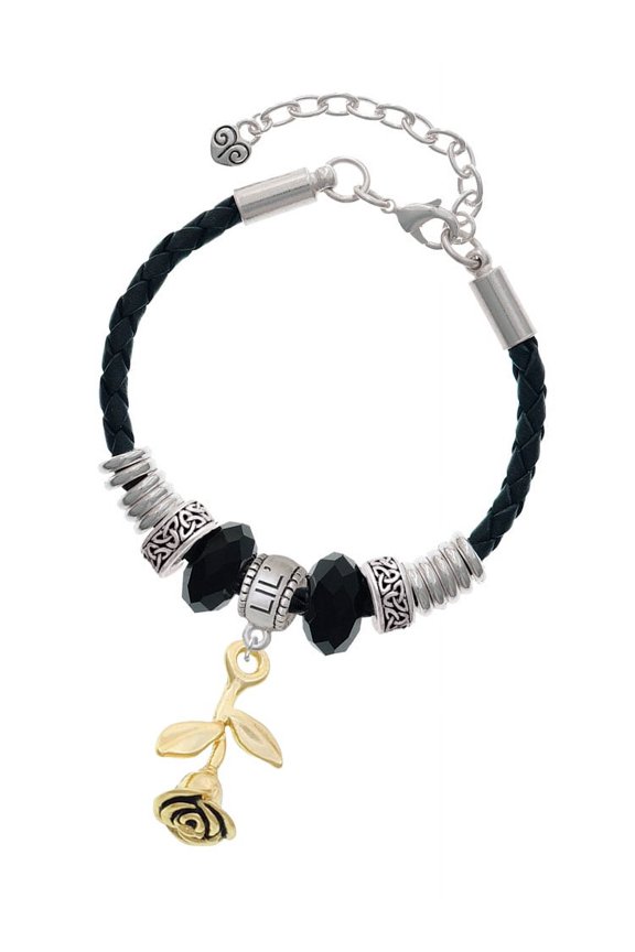 Goldtone Stemmed Rose Lil Sister Celtic Knot Leather Bead Bracelet, 7"+2" Extender