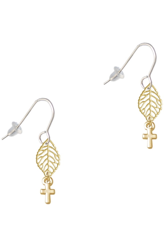 Goldtone Super Mini Simple Cross Goldtone Leaf French Earrings