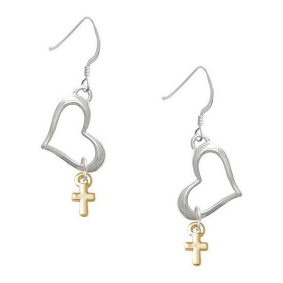 Delight Jewelry Goldtone Super Mini Simple Cross Open Heart French Earrings