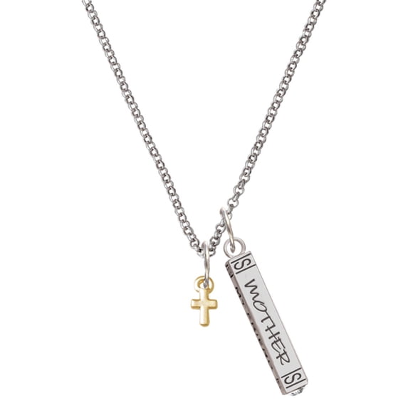 Delight Jewelry Goldtone Super Mini Simple Cross Silvertone Mother Daughter Bar Charm Necklace, 23"