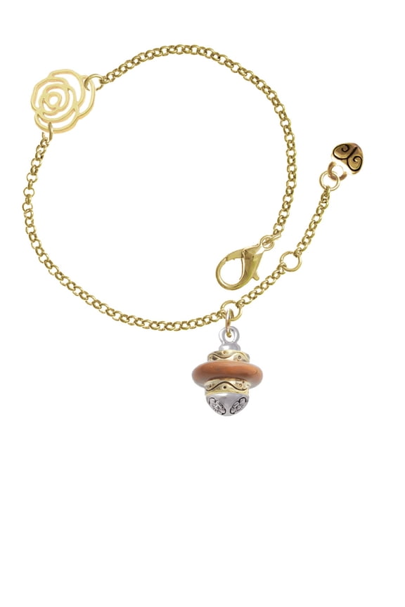Goldtone Tan Center Spinner Gold-tone Rose Link Chain Bracelet, 6.25"+1.75" Extender