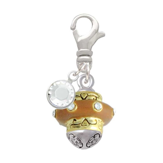 Delight Jewelry Goldtone Tan Center with Clear Crystals Spinner - Silvertone Clip on Charm with Clear Crystal Drop