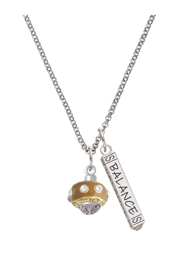 Goldtone Tan with Crystals Spinner Silvertone Balance Bar Charm Necklace, 23"