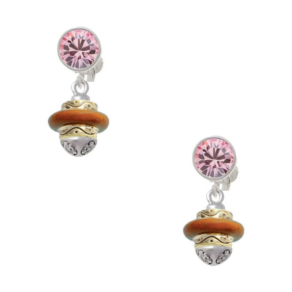 Delight Jewelry Goldtone Translucent Brown Center Spinner Pink Crystal Clip on Earrings