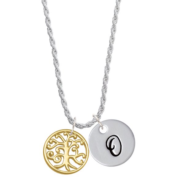 Delight Jewelry Goldtone Tree of Life Cutout Silvertone Script Initial Disc - O - Charm Necklace, 20"+3"