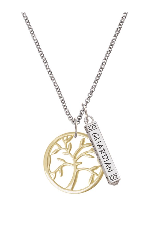 Goldtone Tree of Life in Circle Silvertone Guardian Angel Bar Charm Necklace, 23"
