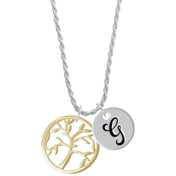 Delight Jewelry Goldtone Tree of Life in Circle Silvertone Script Initial Disc - G - Charm Necklace, 20"+3"
