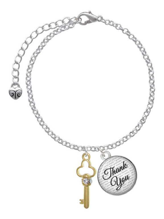 Goldtone Trefoil Key with Crystals - Domed Thank You Charm Bracelet, 6"+2"