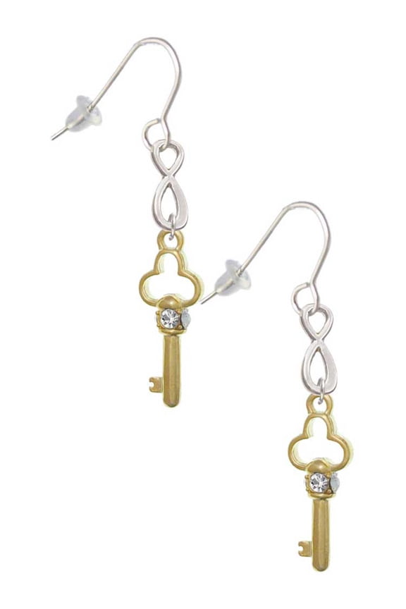 Goldtone Trefoil Key with Crystals Silver tone Infinity French Earrings