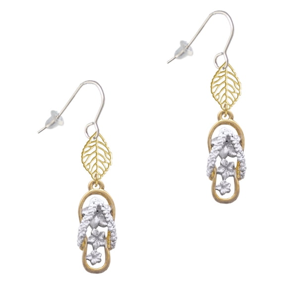 Delight Jewelry Goldtone White Open Plumeria Flip Flop Goldtone Leaf French Earrings