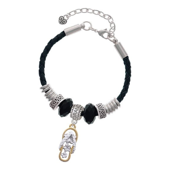 Delight Jewelry Goldtone White Open Plumeria Flip Flop Granddaughter Celtic Knot Leather Bead Bracelet, 7"+2" Extender