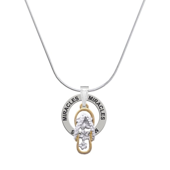 Delight Jewelry Goldtone White Open Plumeria Flip Flop Miracles Ring Charm Necklace, 18"