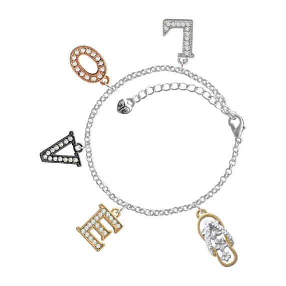 Delight Jewelry Goldtone White Open Plumeria Flip Flop Multi-Colored Crystal Love Charm Bracelet