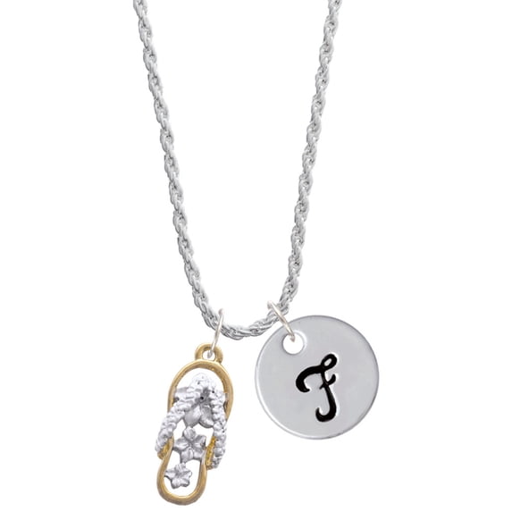 Delight Jewelry Goldtone White Open Plumeria Flip Flop Silvertone Script Initial Disc - F - Charm Necklace, 20"+3"