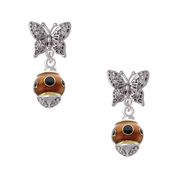 Delight Jewelry Goldtone Wide Black Dots on Translucent Brown Spinner Silvertone Antiqued Butterfly Post Earrings