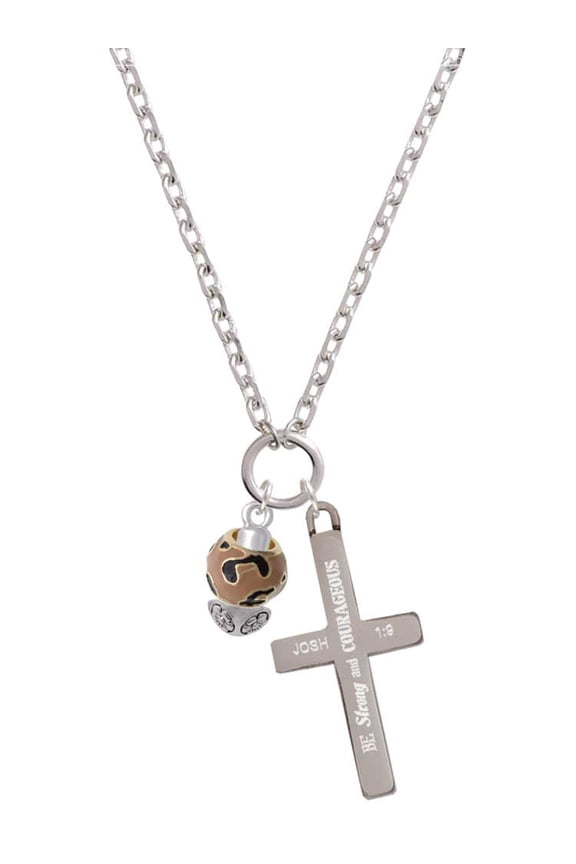 Goldtone Wide Tan Cheetah Print Spinners Be Strong and Courageous Engraved Cross Zoey Necklace, 28"