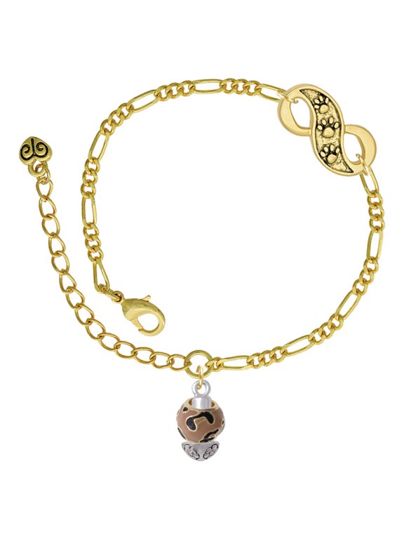 Goldtone Wide Tan Cheetah Print Spinners Gold-tone Paw Infinity Link Chain Bracelet, 6"+2" Extender