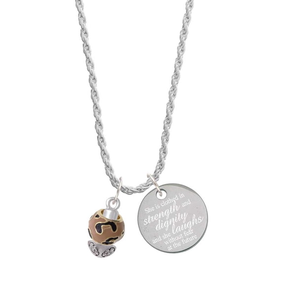 Delight Jewelry Goldtone Wide Tan Cheetah Print Spinners She is Clothed in Stength and Dignity Charm Necklace, 20"+3"
