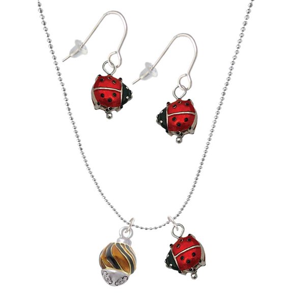Delight Jewelry Goldtone Wide Translucent Tiger Print Spinner Red Lucky Ladybug Necklace and Dangle Earrings Set