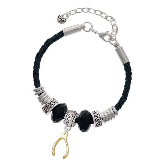 Delight Jewelry Goldtone Wishbone Godmother Celtic Knot Leather Bead Bracelet, 7"+2" Extender