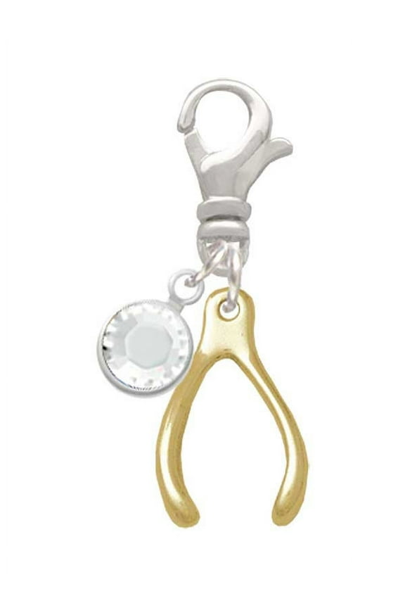 Goldtone Wishbone - Silvertone Clip on Charm with Clear Crystal Drop