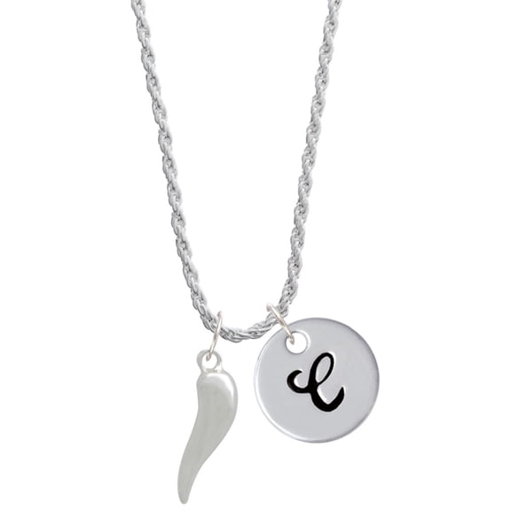 Delight Jewelry Good Luck Italian Horn Silvertone Script Initial Disc - C - Charm Necklace, 20"+3"