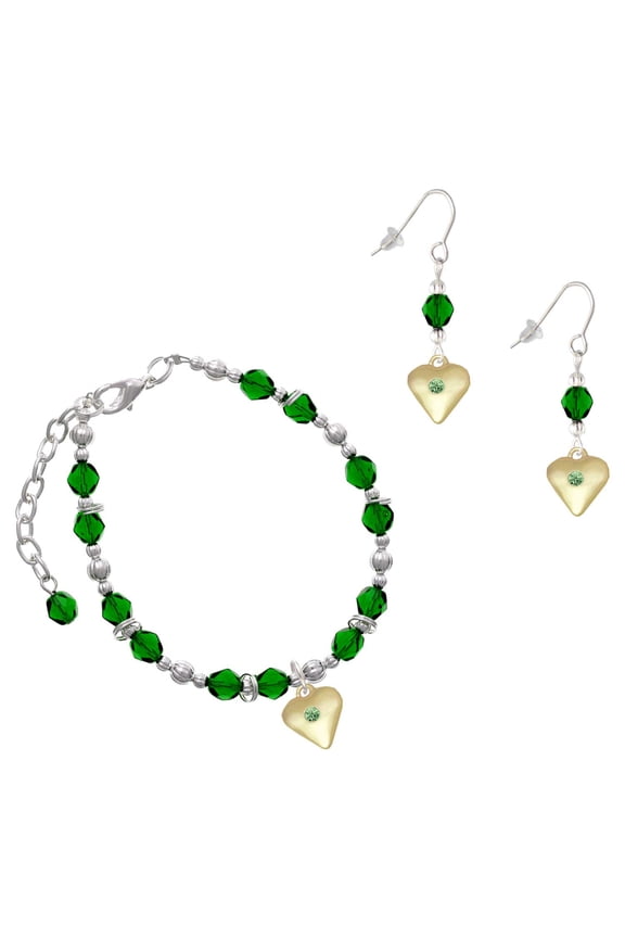 Green Beaded Bracelet and Earring Set, featuring Gold-tone Large August Lime Green Crystal Heart Charms