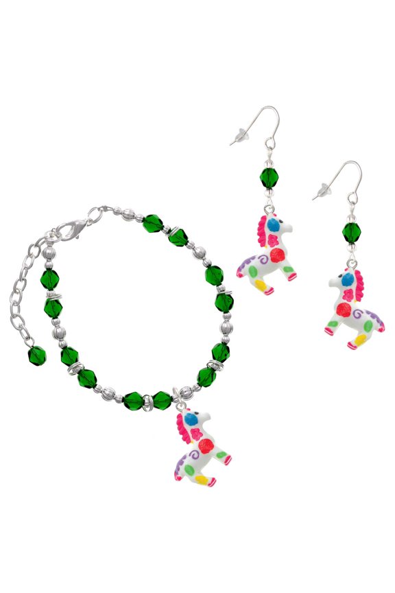 Green Beaded Bracelet and Earring Set, featuring Resin Bright Paint Pony Charms