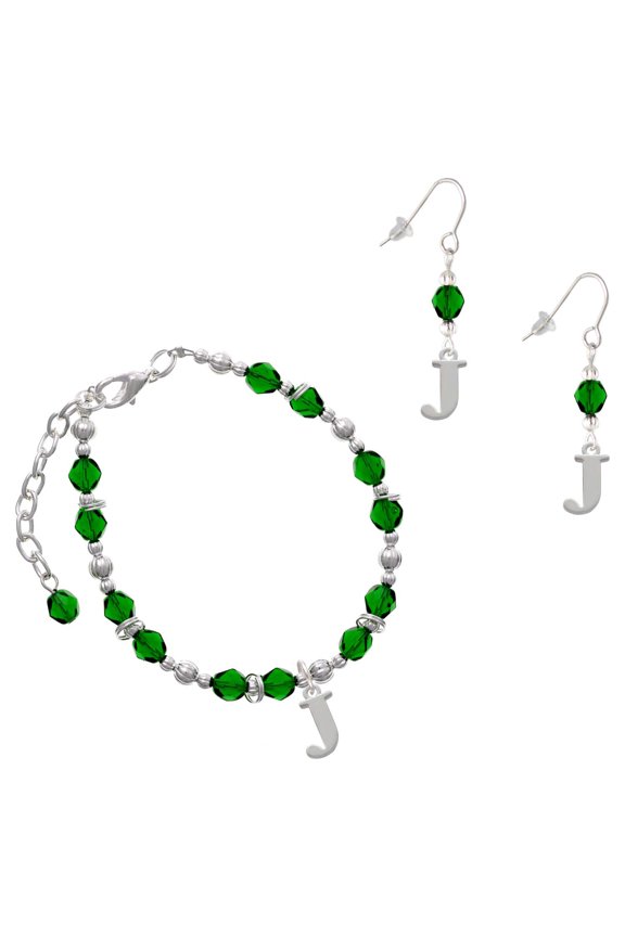 Green Beaded Bracelet and Earring Set, featuring Silver Plated Large Initial J Charms