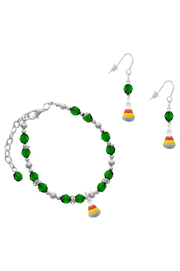 Green Beaded Bracelet and Earring Set, featuring Silver Plated Small 3-D Enamel Candy Corn Charms