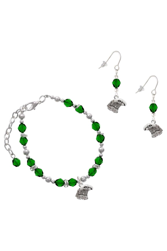 Green Beaded Bracelet and Earring Set, featuring Silver Plated Small Falcon Mascot Charms