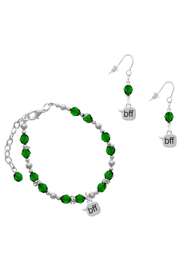 Green Beaded Bracelet and Earring Set, featuring Silver Plated Text Chat bff Best Friends Forever Charms