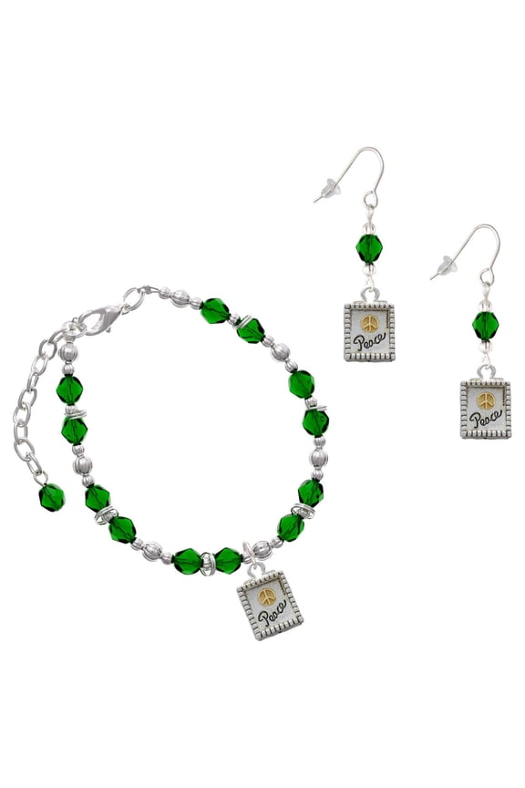 Green Beaded Bracelet and Earring Set, featuring Two-tone Shadow Box ''Peace'' with Peace Sign Charms