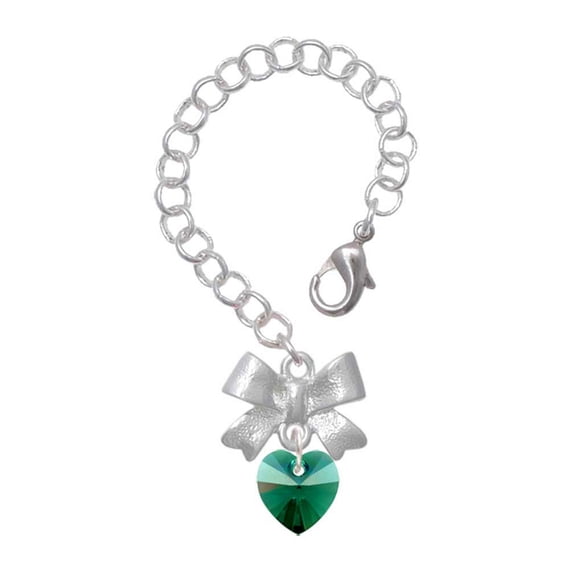 Delight Jewelry Green Crystal Heart - Silvertone Bow Charm Accessory for Tumblers and Thermal Cups