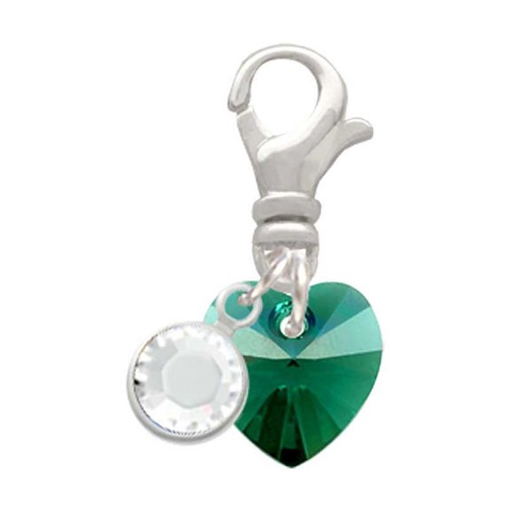 Delight Jewelry Green Crystal Heart - Silvertone Clip on Charm with Clear Crystal Drop