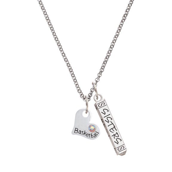 Delight Jewelry Heart with ''Basketball'' and AB Crystal Silvertone Sisters Best Friends Forever Bar Charm Necklace, 23"