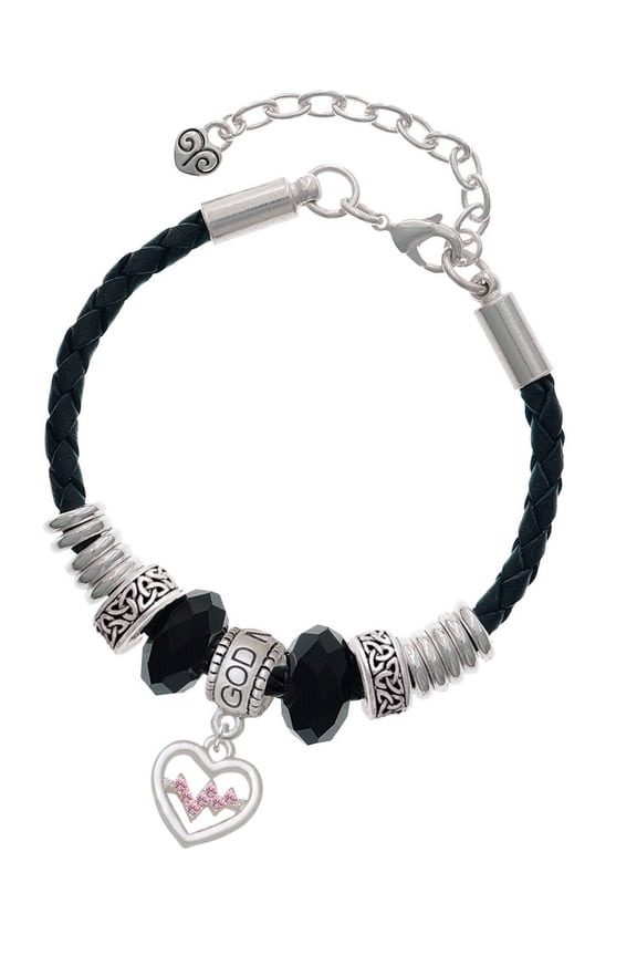 Heart with Pink Crystal Heartbeat Godmother Celtic Knot Leather Bead Bracelet, 7"+2" Extender