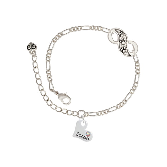Delight Jewelry Heart with ''Soccer'' and AB Crystal Silver-tone Paw Infinity Link Chain Bracelet, 6"+2" Extender