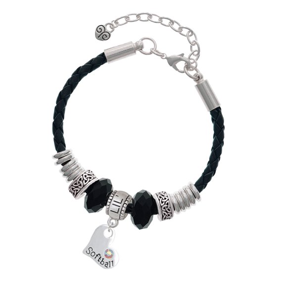 Delight Jewelry Heart with ''Softball'' and AB Crystal Middle Sister Celtic Knot Leather Bead Bracelet, 7"+2" Extender
