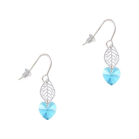 Delight Jewelry Hot Blue Crystal Heart Silvertone Leaf French Earrings