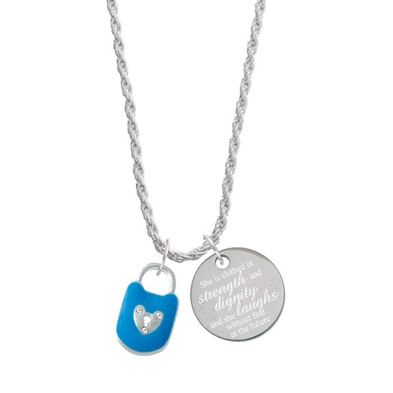 Delight Jewelry Hot Blue Enamel Lock with Clear Crystals She is Clothed in Stength and Dignity Charm Necklace, 20"+3"