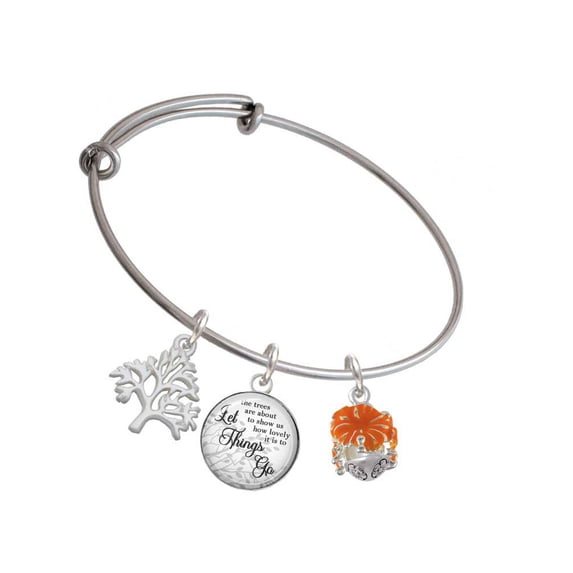 Delight Jewelry Hot Orange Hibiscus Flowers Spinner Silvertone Let Things Go Tree Charm Bangle Bracelet